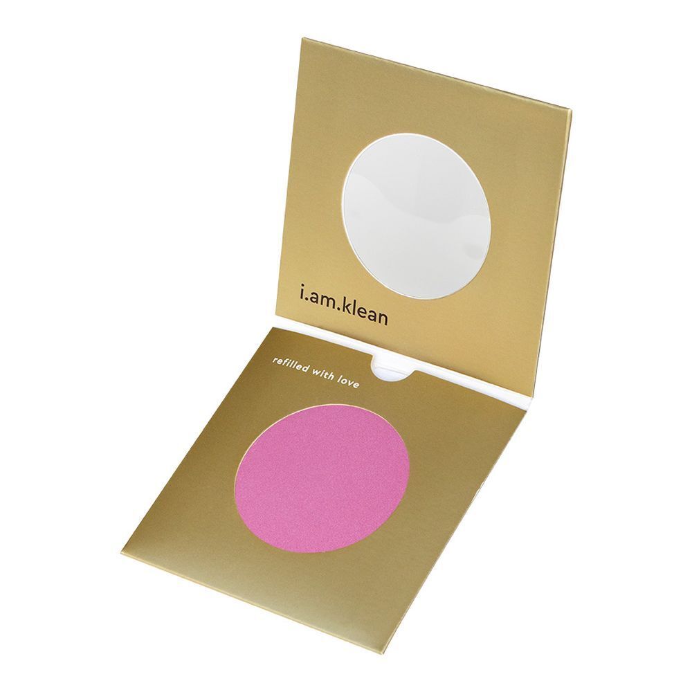 Emballage doré ouvert. Produit rose visible à travers une ouverture ronde. Logo i.am.klean. Texte "refilled with love".