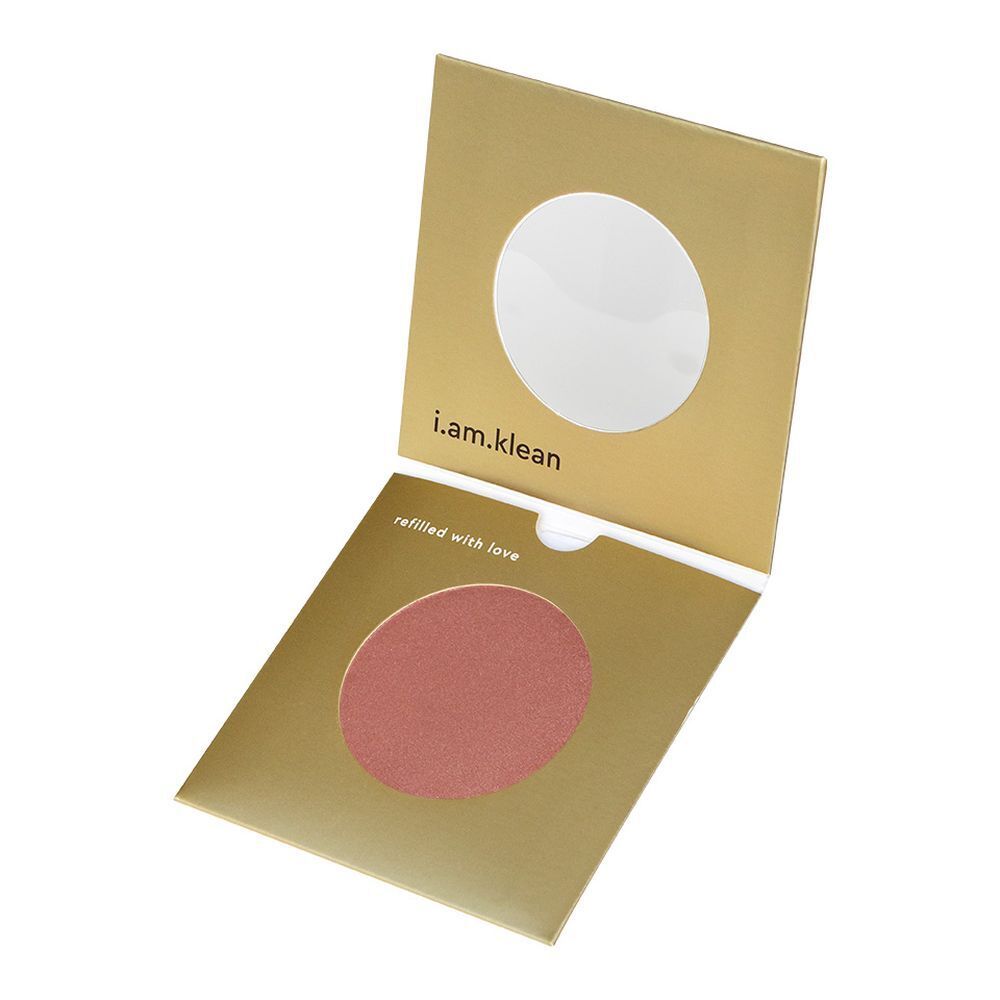 Emballage doré ouvert. Blush rose visible. Marque : i.am.klean. Texte : "refilled with love".