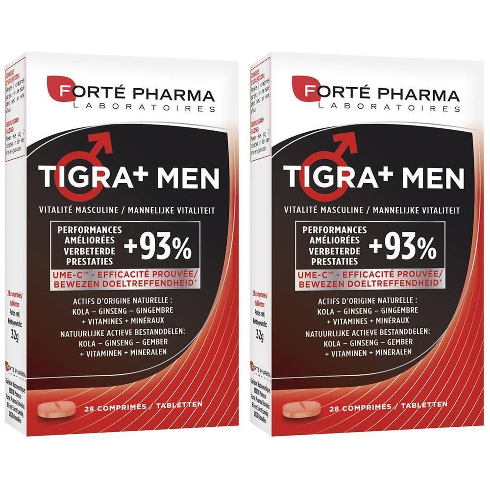 Deux boîtes Tigra+ Men. Boîtes blanches avec design rouge et noir. Inscription : Forté Pharma, Tigra+ Men, +93%.