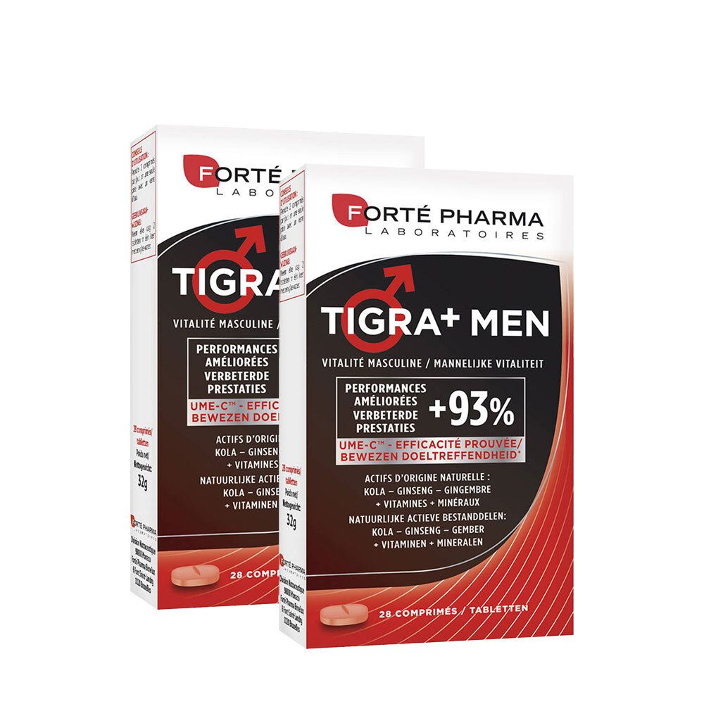 Deux boîtes Tigra+ Men avec autocollant gratuit. Boîtes blanches avec design rouge et noir. Inscription : Forté Pharma, Tigra+ Men.