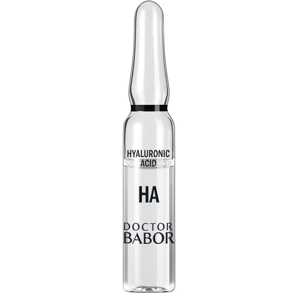Emballage gris avec image du produit et texte. Contient des ampoules. Inscription : Doctor BABOR, 10D Acide Hyaluronique.