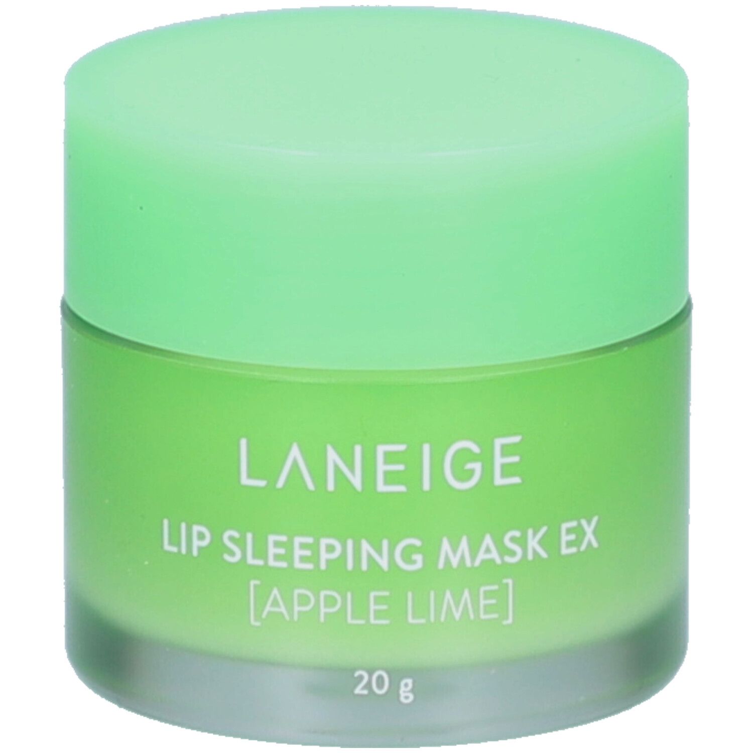 Pot vert avec couvercle. Inscription: LANEIGE, LIP SLEEPING MASK EX [APPLE LIME], 20 g.