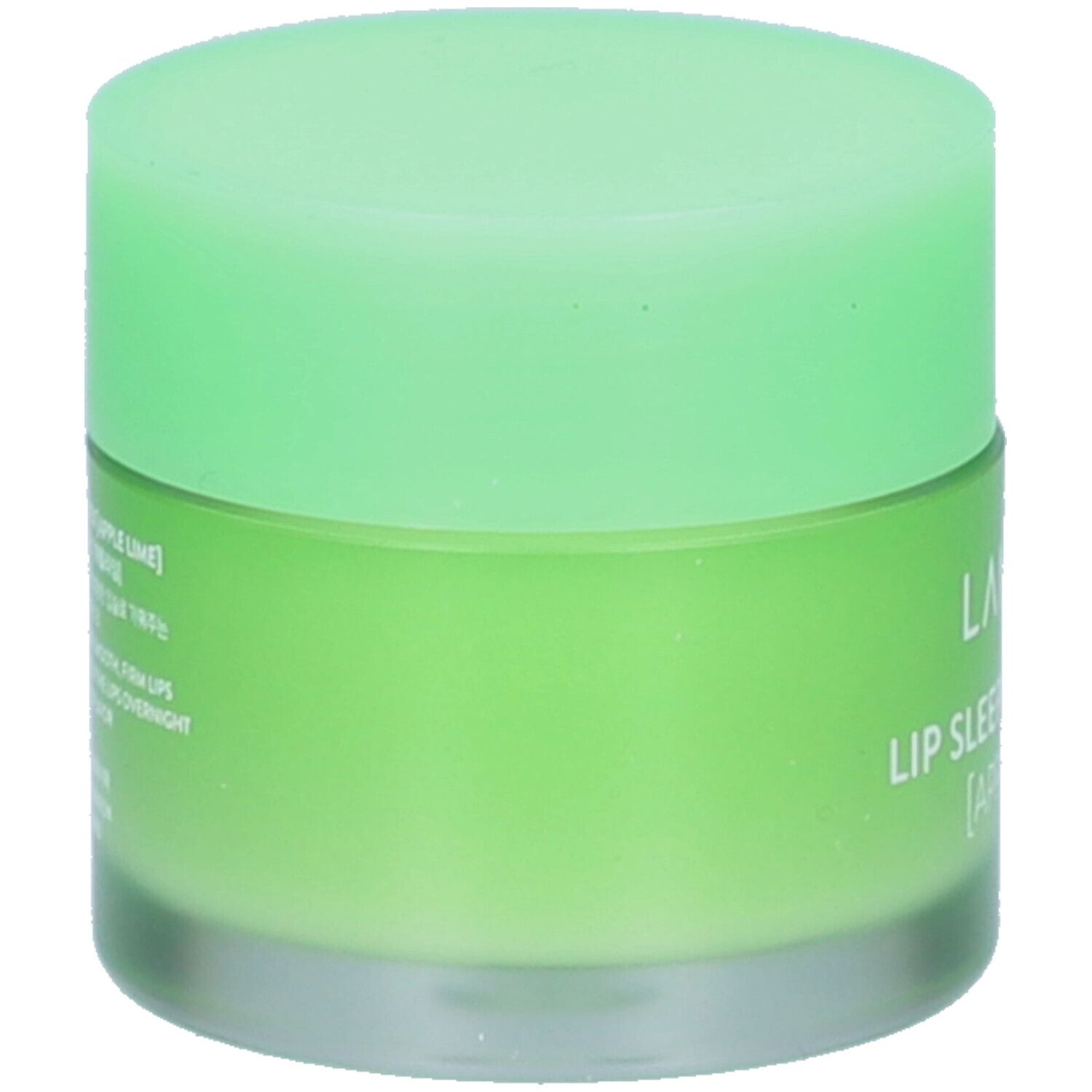 Pot vert avec couvercle. Inscription: LANEIGE, LIP SLEEPING MASK EX [APPLE LIME].