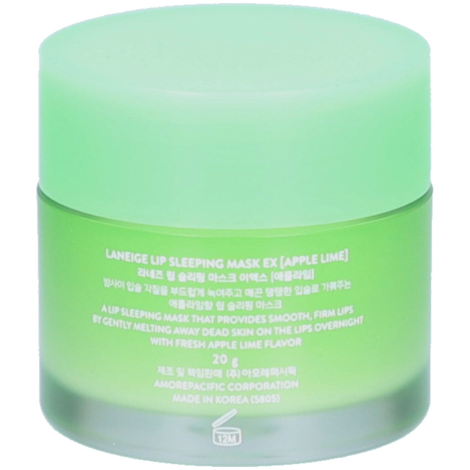 Pot vert avec couvercle. Inscription: LANEIGE, LIP SLEEPING MASK EX [APPLE LIME], 20 g. Texte multilingue.