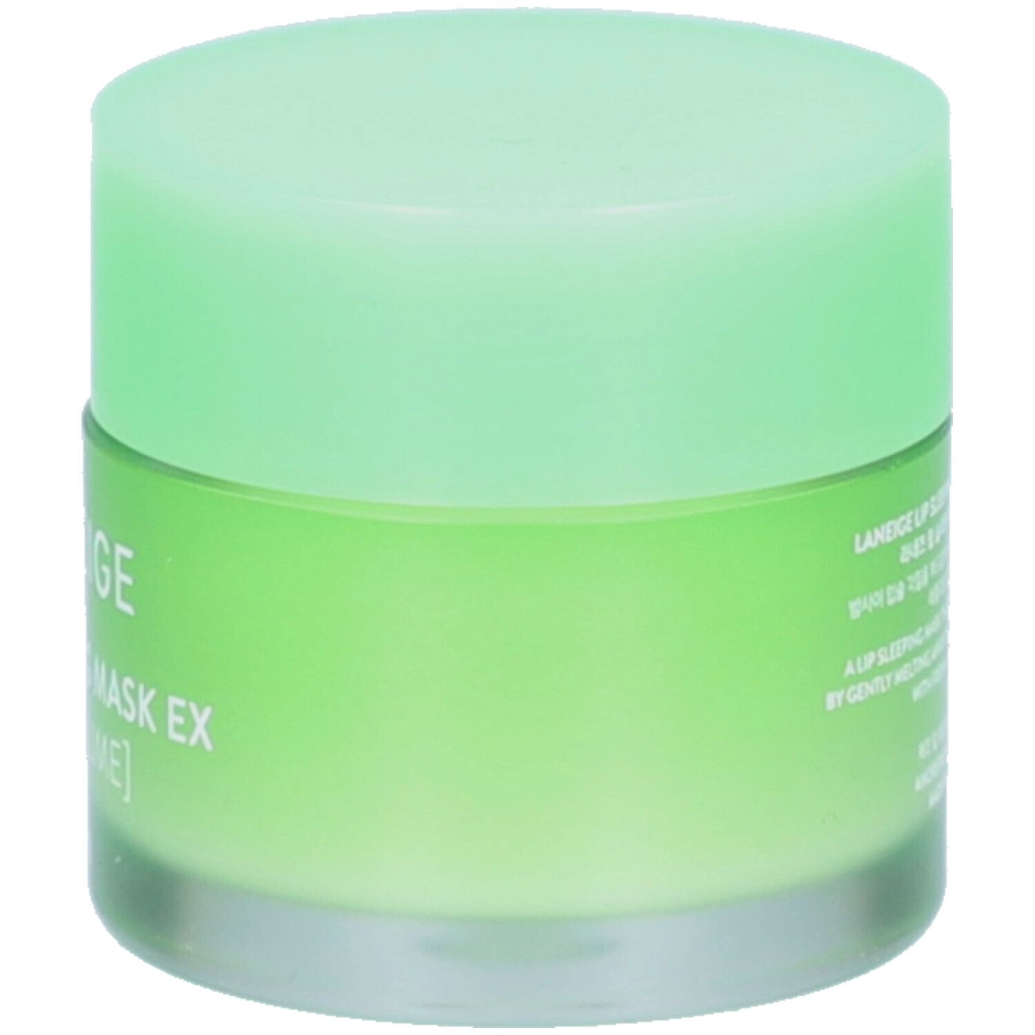 Pot vert avec couvercle. Inscription: LANEIGE, LIP SLEEPING MASK EX [APPLE LIME].
