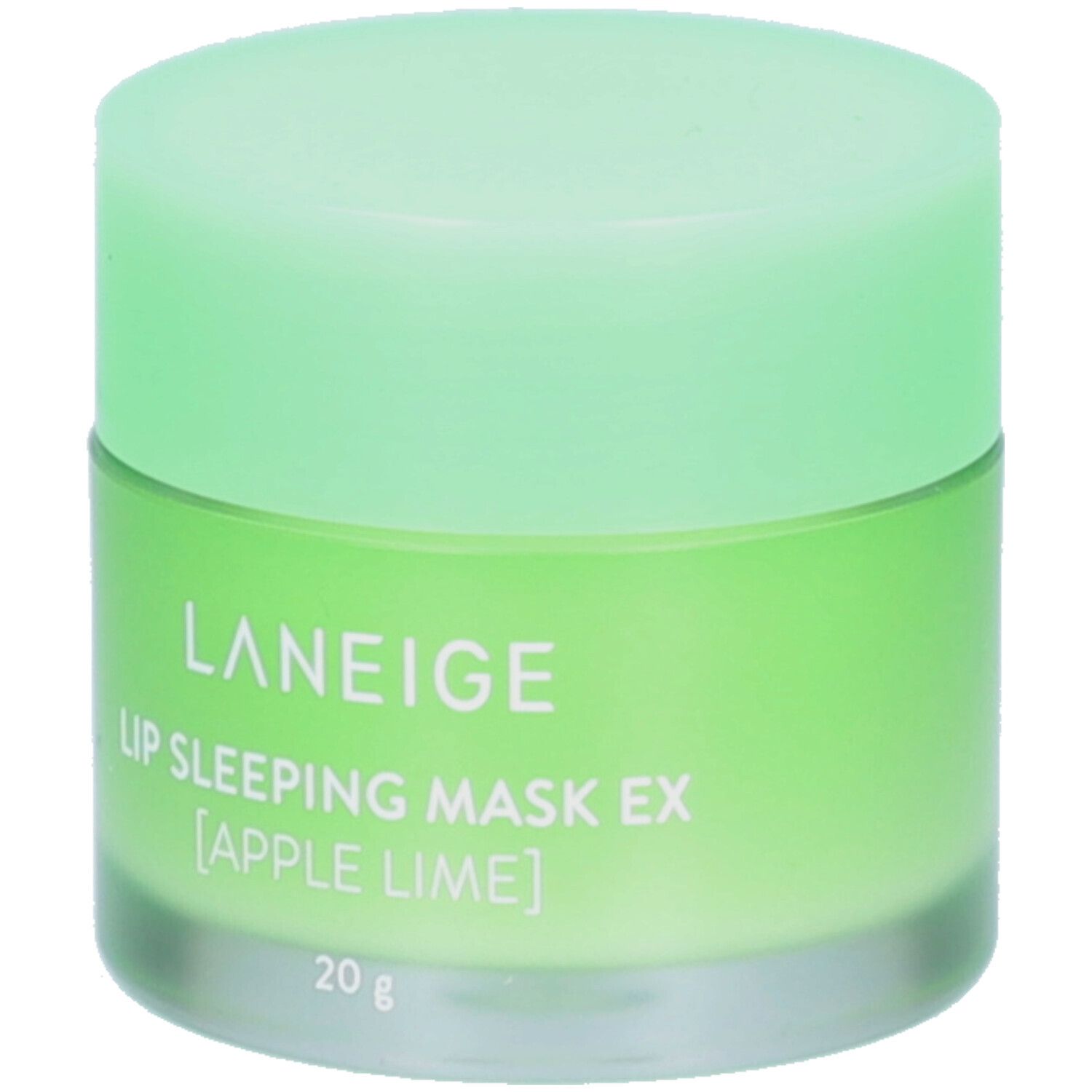 Pot vert avec couvercle. Inscription: LANEIGE, LIP SLEEPING MASK EX [APPLE LIME], 20 g.