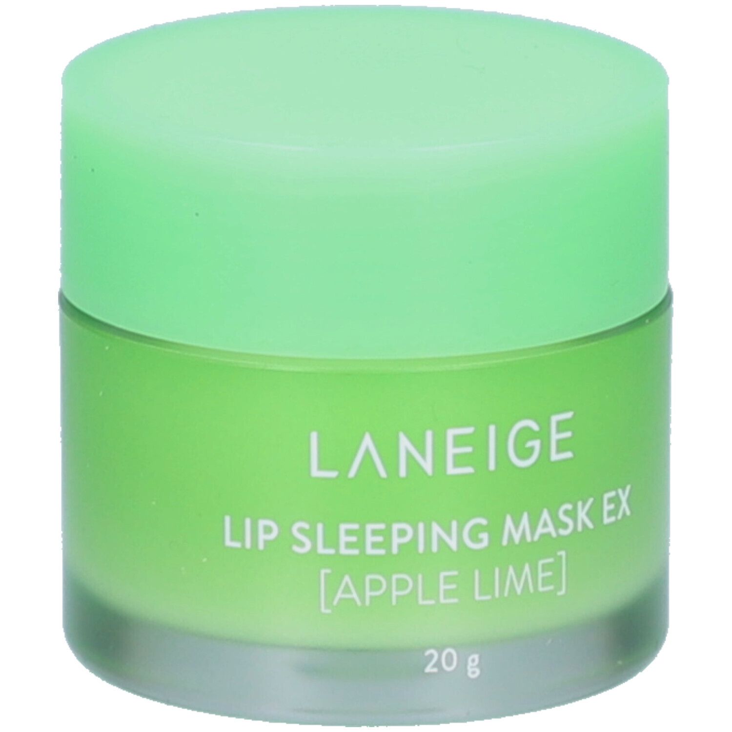 Pot vert avec couvercle. Inscription: LANEIGE, LIP SLEEPING MASK EX [APPLE LIME], 20 g.