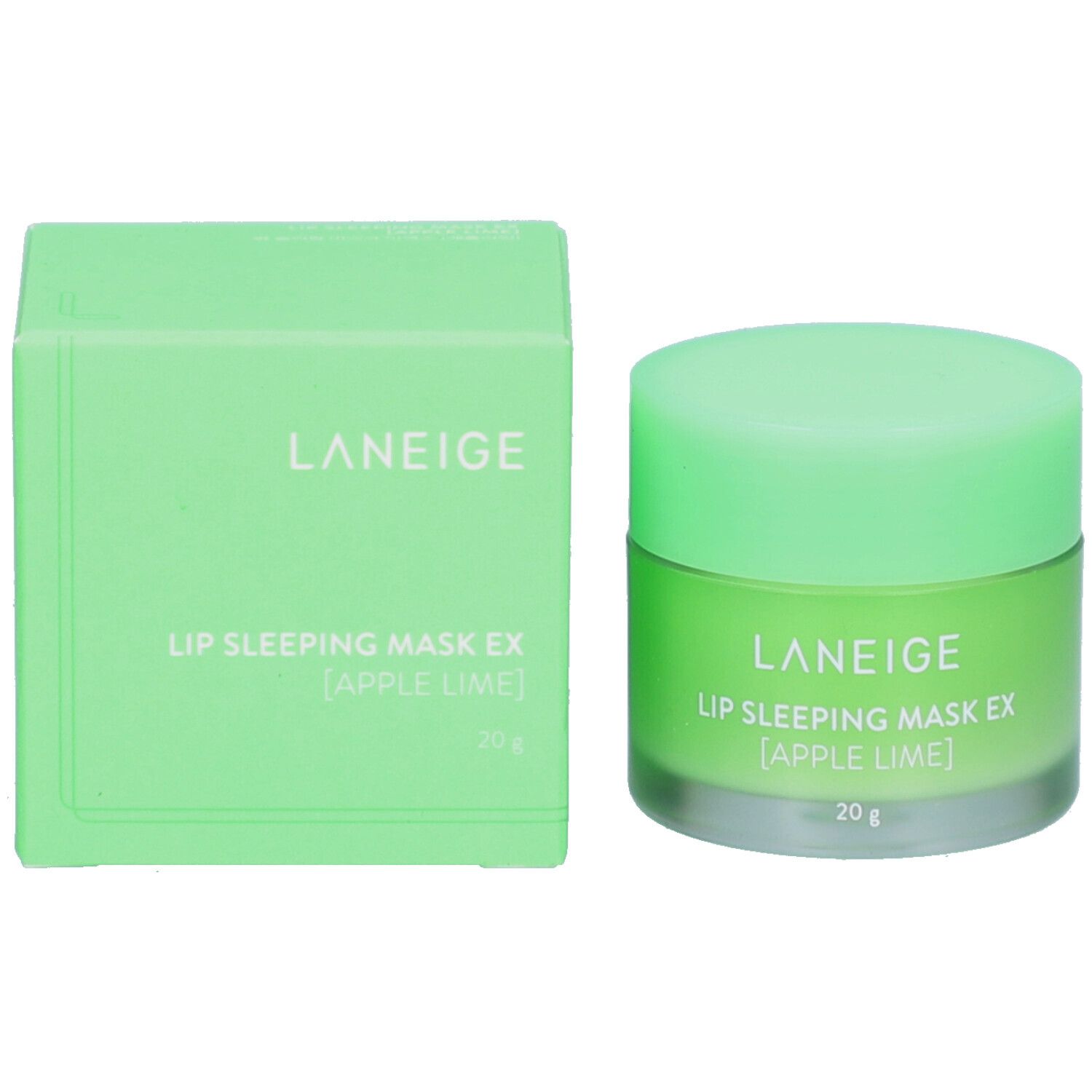Boîte et pot verts. Inscription: LANEIGE, LIP SLEEPING MASK EX [APPLE LIME], 20 g.
