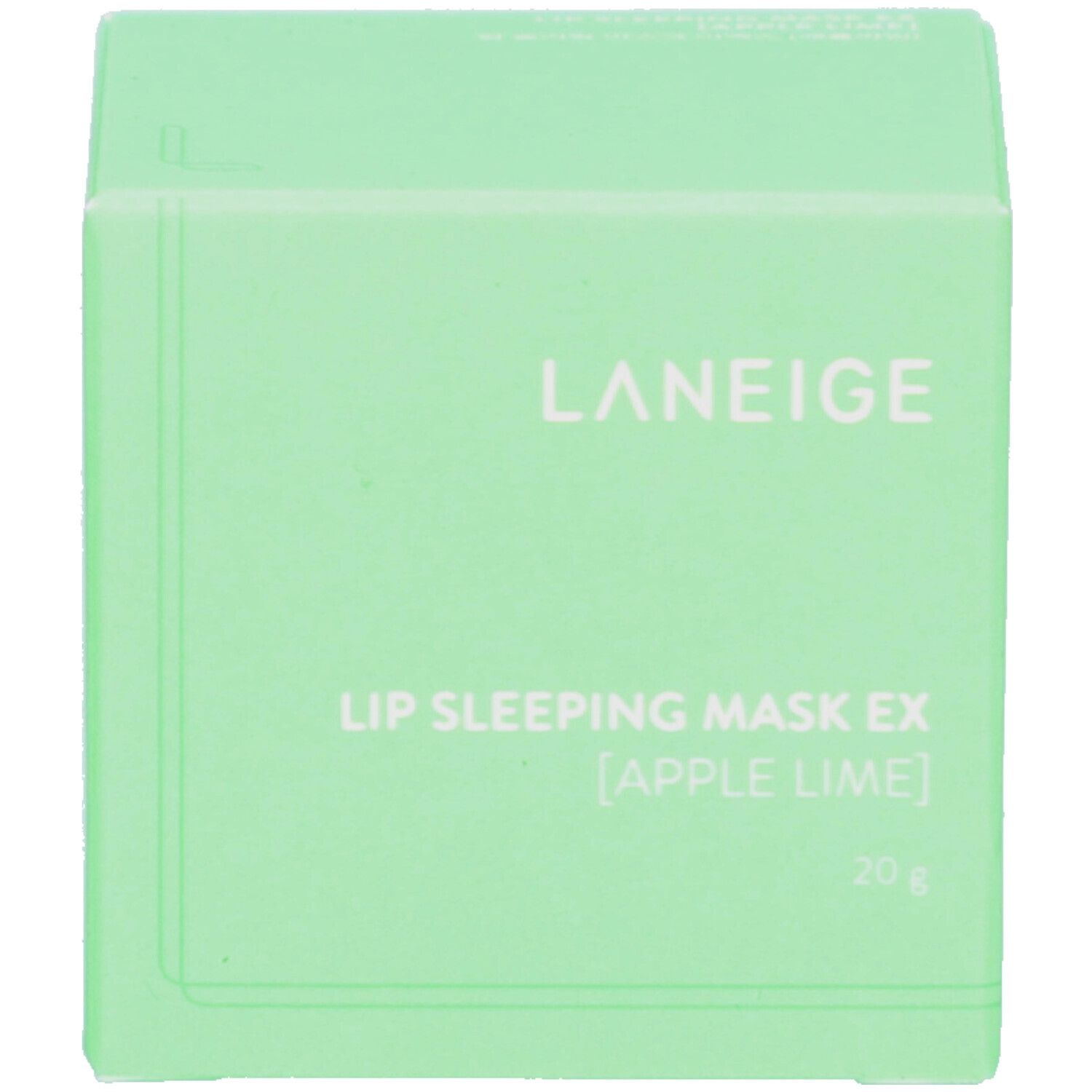 Boîte verte. Inscription: LANEIGE, LIP SLEEPING MASK EX [APPLE LIME], 20 g.