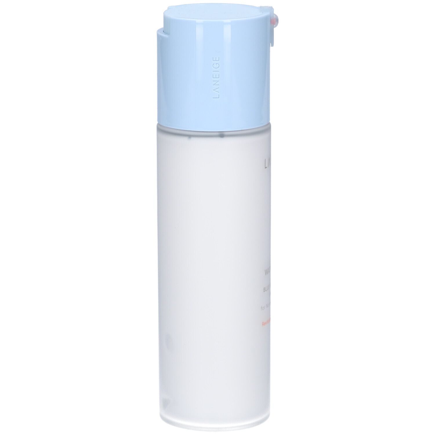 Flacon cylindrique avec bouchon bleu. Inscription : LANEIGE. Étiquette du produit partiellement visible. Pour peaux normales à sèches.
