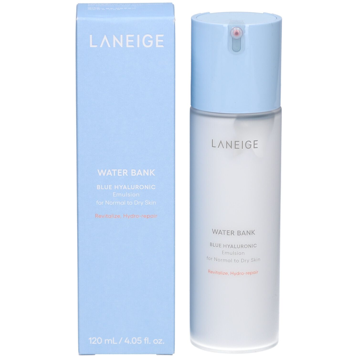 Flacon et emballage du produit. Inscription : LANEIGE, WATER BANK BLUE HYALURONIC Emulsion. Pour peaux normales à sèches. 120 ml.
