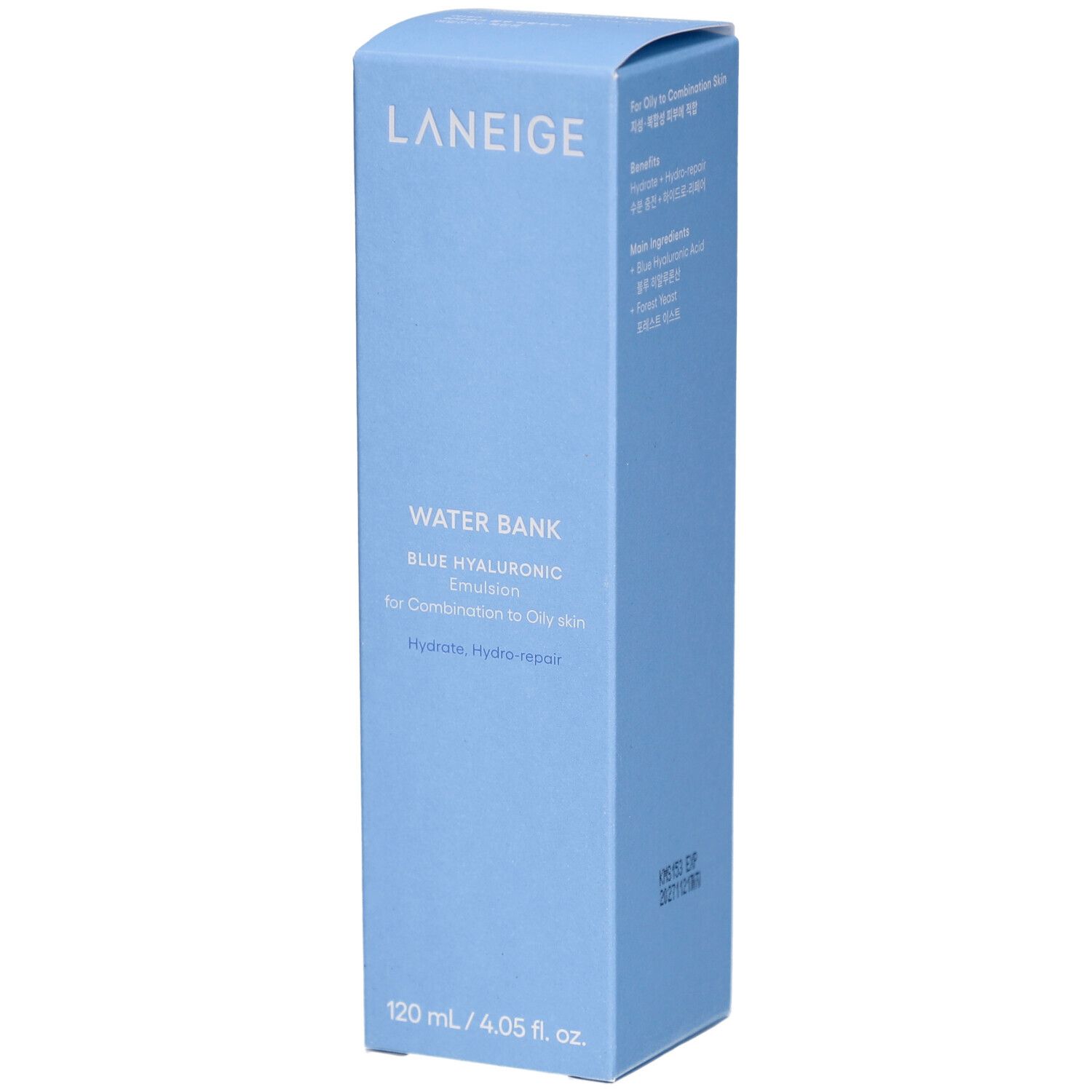 Emballage bleu clair. Inscription: LANEIGE, WATER BANK BLUE HYALURONIC Emulsion, pour peaux mixtes à grasses. 120 ml / 4.05 fl. oz.