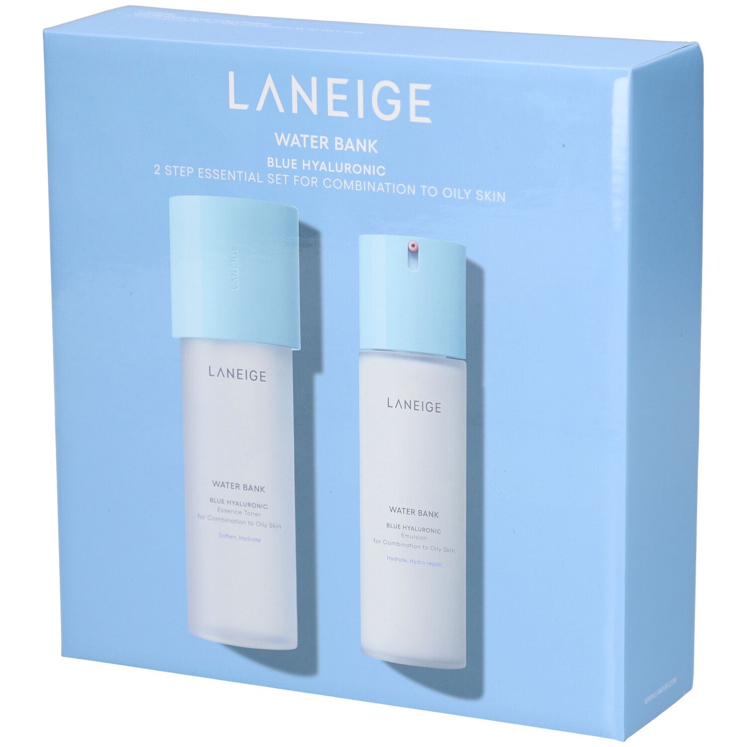 Coffret bleu clair avec deux flacons. Inscription : LANEIGE, WATER BANK, BLUE HYALURONIC, 2-Step Essential Set pour peaux mixtes à grasses.