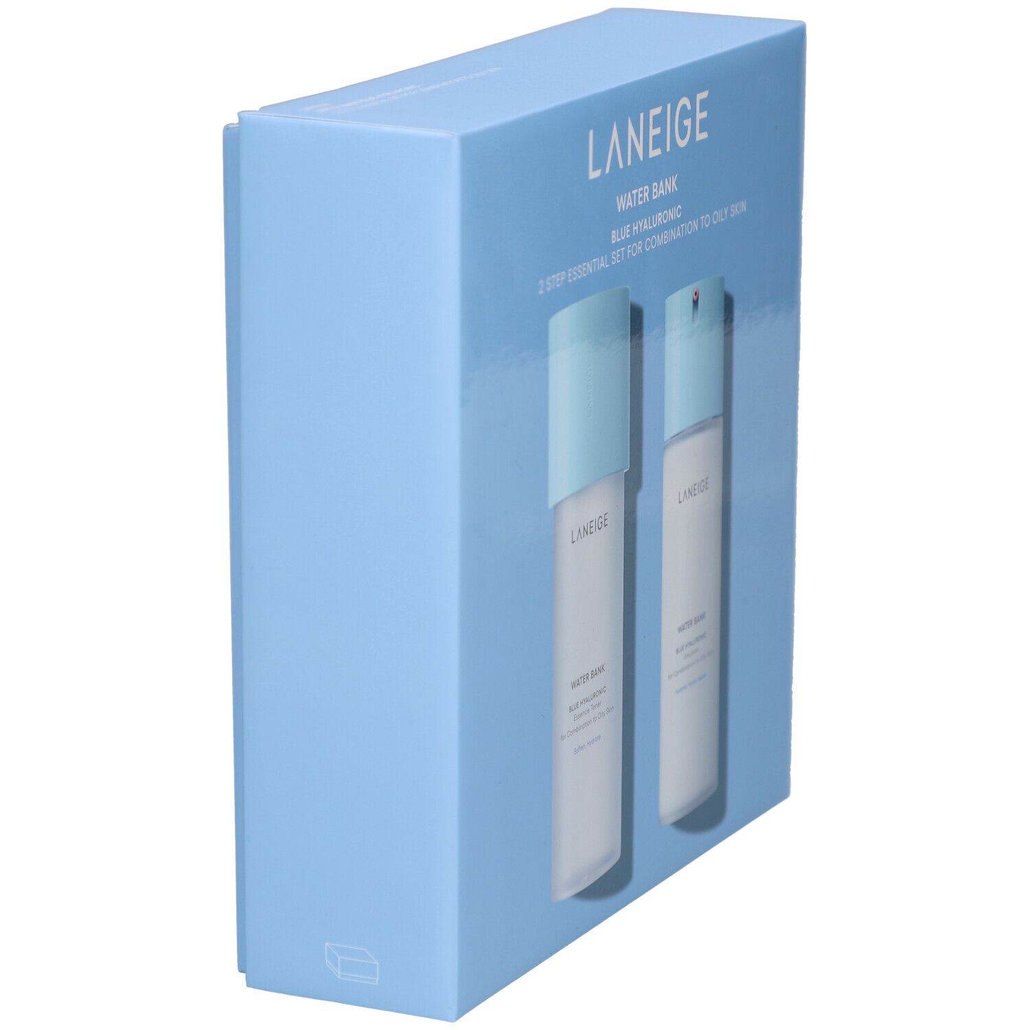 Coffret bleu clair en biais. Inscription : LANEIGE, WATER BANK, BLUE HYALURONIC, 2-Step Essential Set pour peaux mixtes à grasses. Deux flacons visibles.