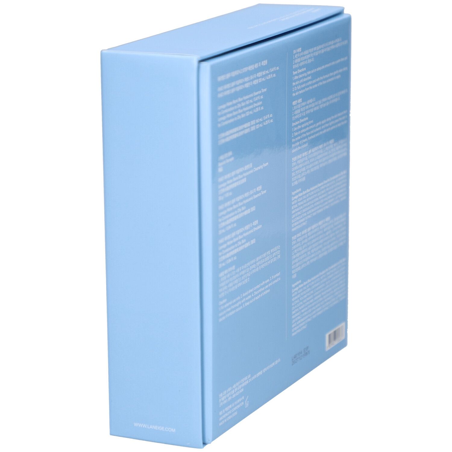 Coffret bleu clair en biais. Dos avec texte. Informations sur le produit et ingrédients. Marque : LANEIGE.