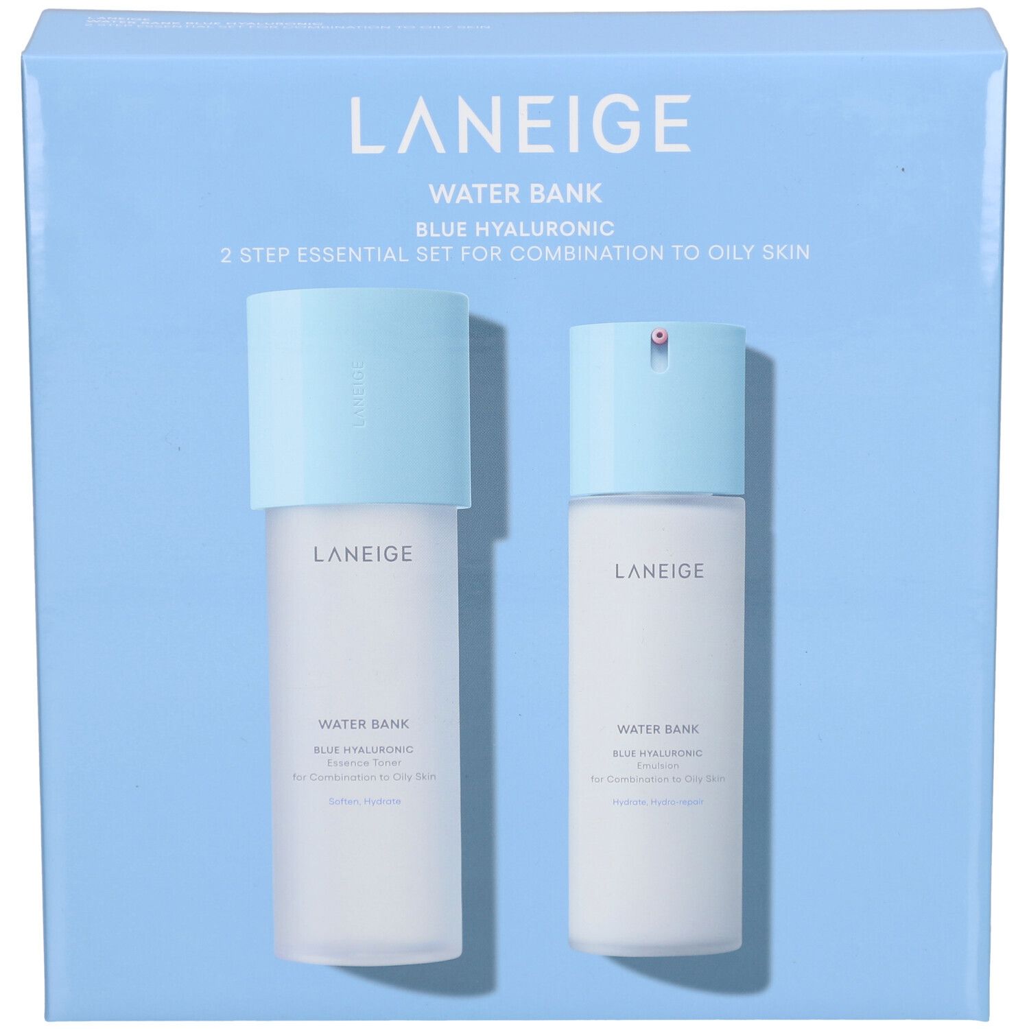 Coffret bleu clair avec deux flacons. Inscription : LANEIGE, WATER BANK, BLUE HYALURONIC, 2-Step Essential Set pour peaux mixtes à grasses.