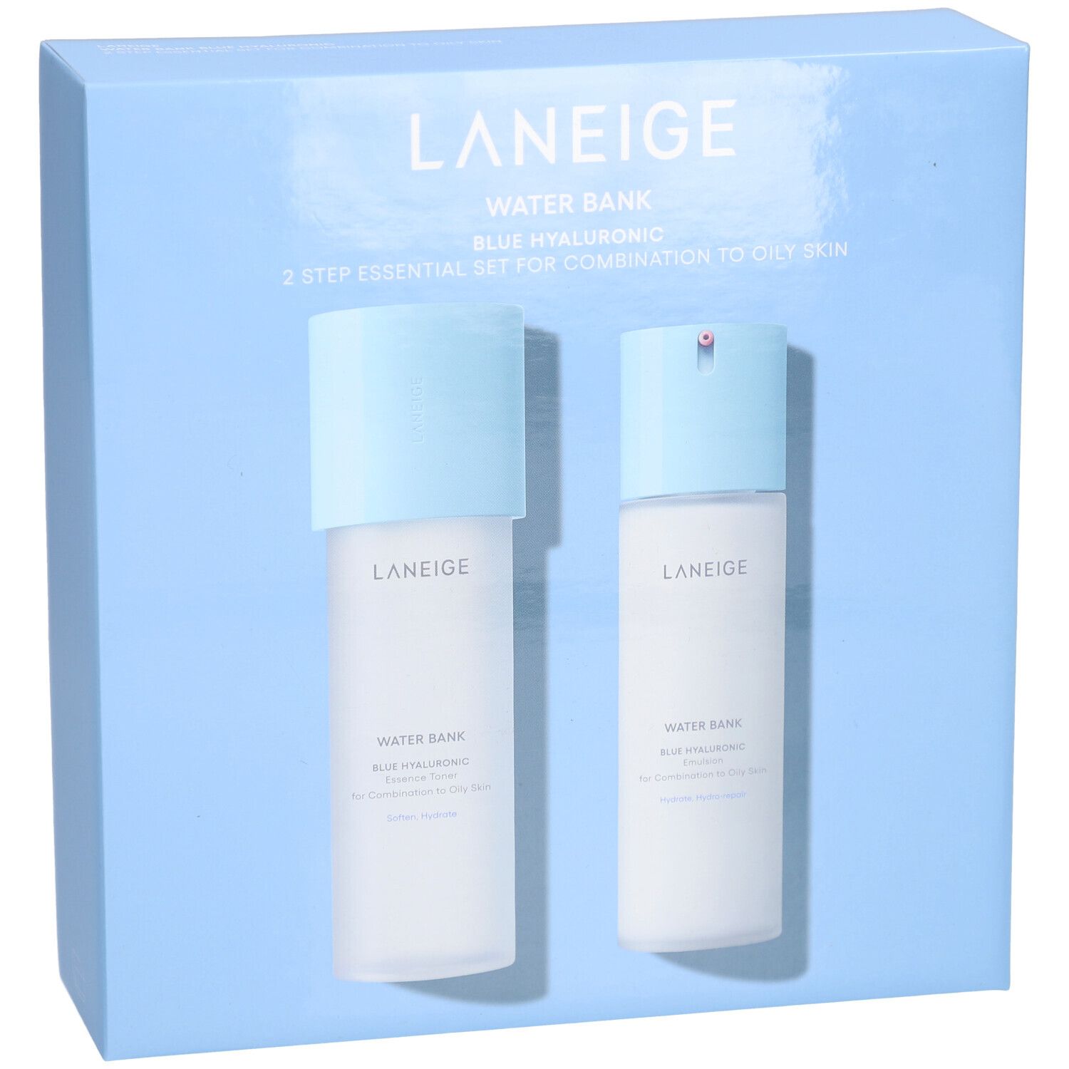 Coffret bleu clair avec deux flacons. Inscription : LANEIGE, WATER BANK, BLUE HYALURONIC, 2-Step Essential Set pour peaux mixtes à grasses.