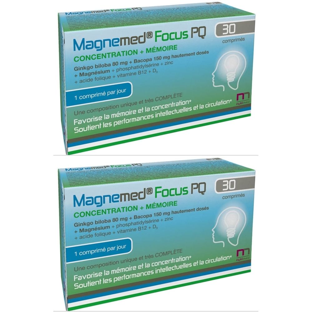 Deux boîtes de Magnemed Focus PQ. Inscription : Concentration + Mémoire, 30 comprimés. Emballage vert et blanc avec nom et logo.