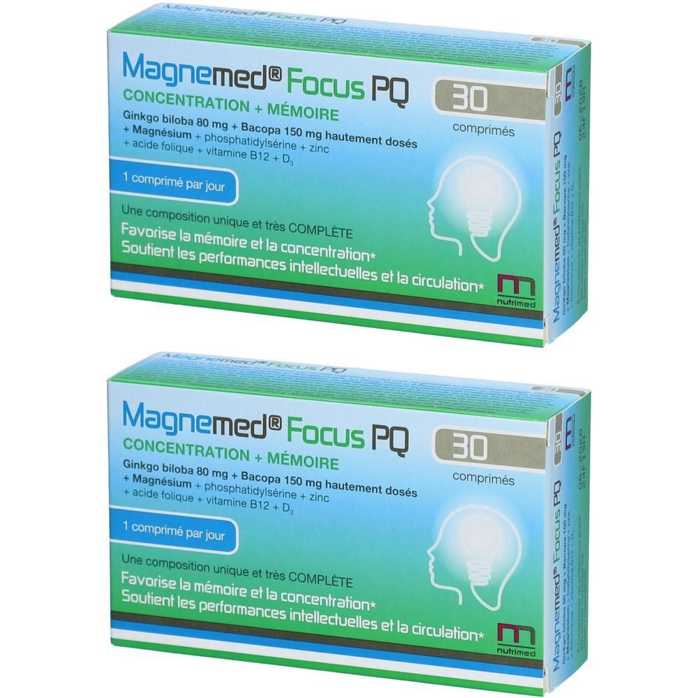 Deux boîtes de Magnemed Focus PQ. Inscription : Concentration + Mémoire, 30 comprimés. Emballage vert et blanc avec nom et logo.