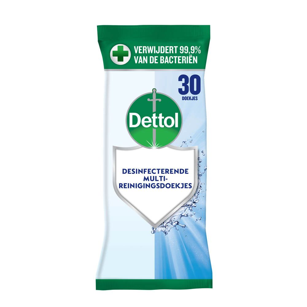 Paquet de lingettes nettoyantes Dettol. Emballage vert et blanc avec logo et texte. Contient 30 lingettes. 0% résidus.