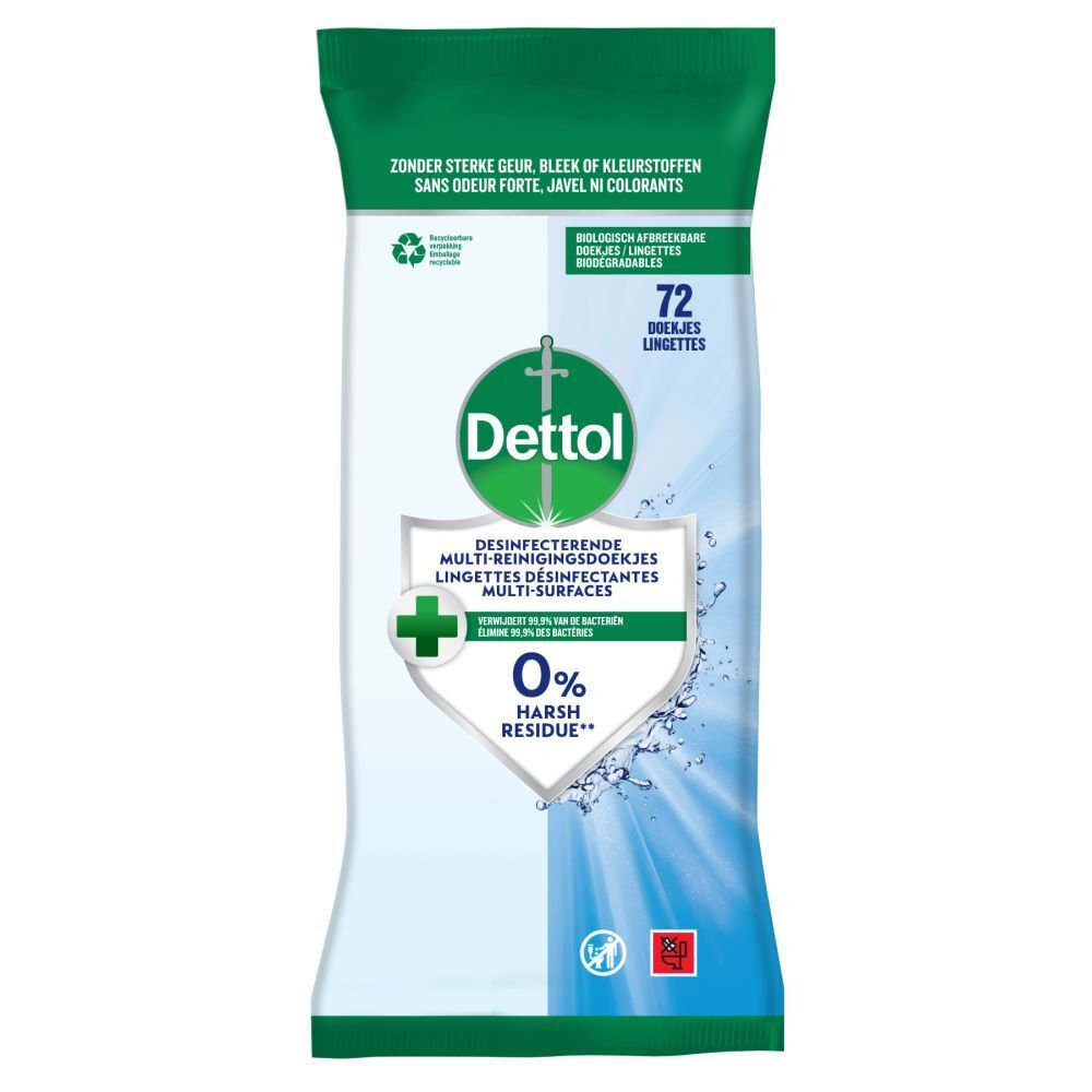 Paquet de lingettes nettoyantes Dettol. Emballage vert et blanc avec logo et nom du produit. 72 lingettes. 0% résidus.