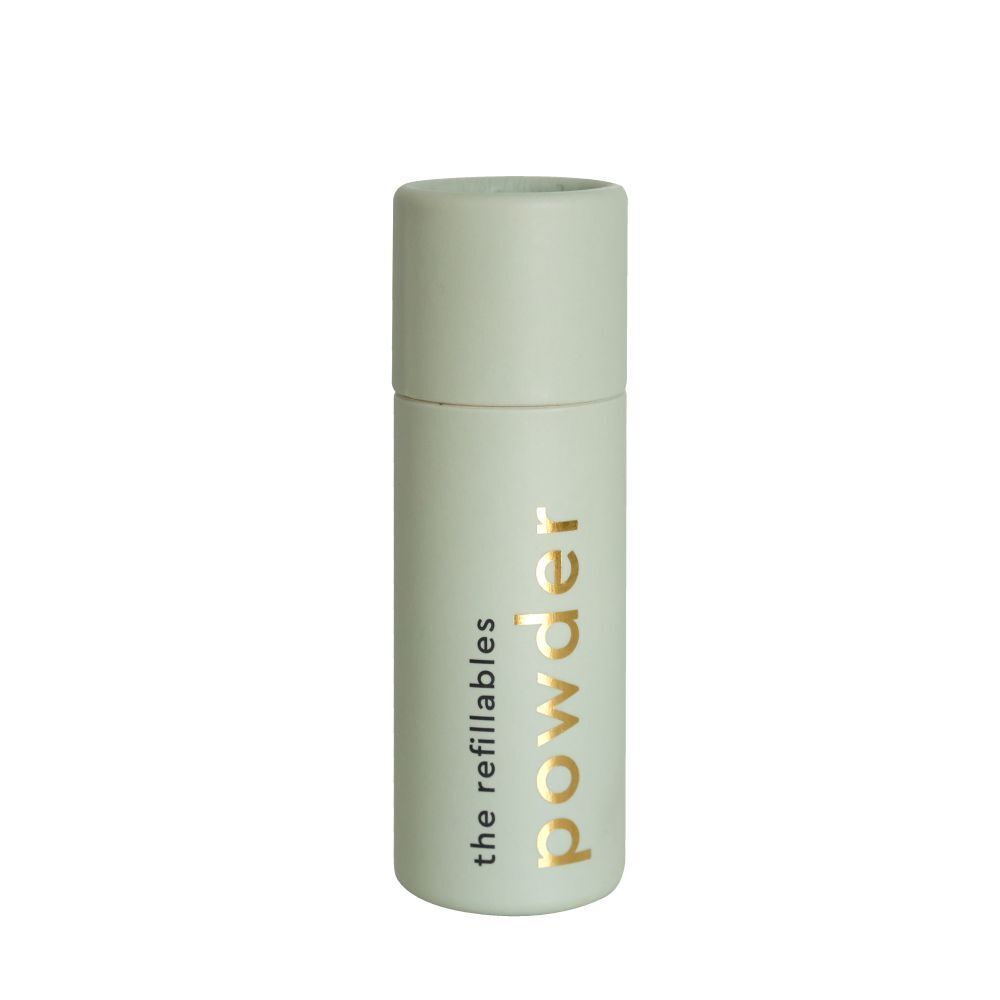 Emballage cylindrique vert clair avec couvercle. Inscription : the refillables powder.