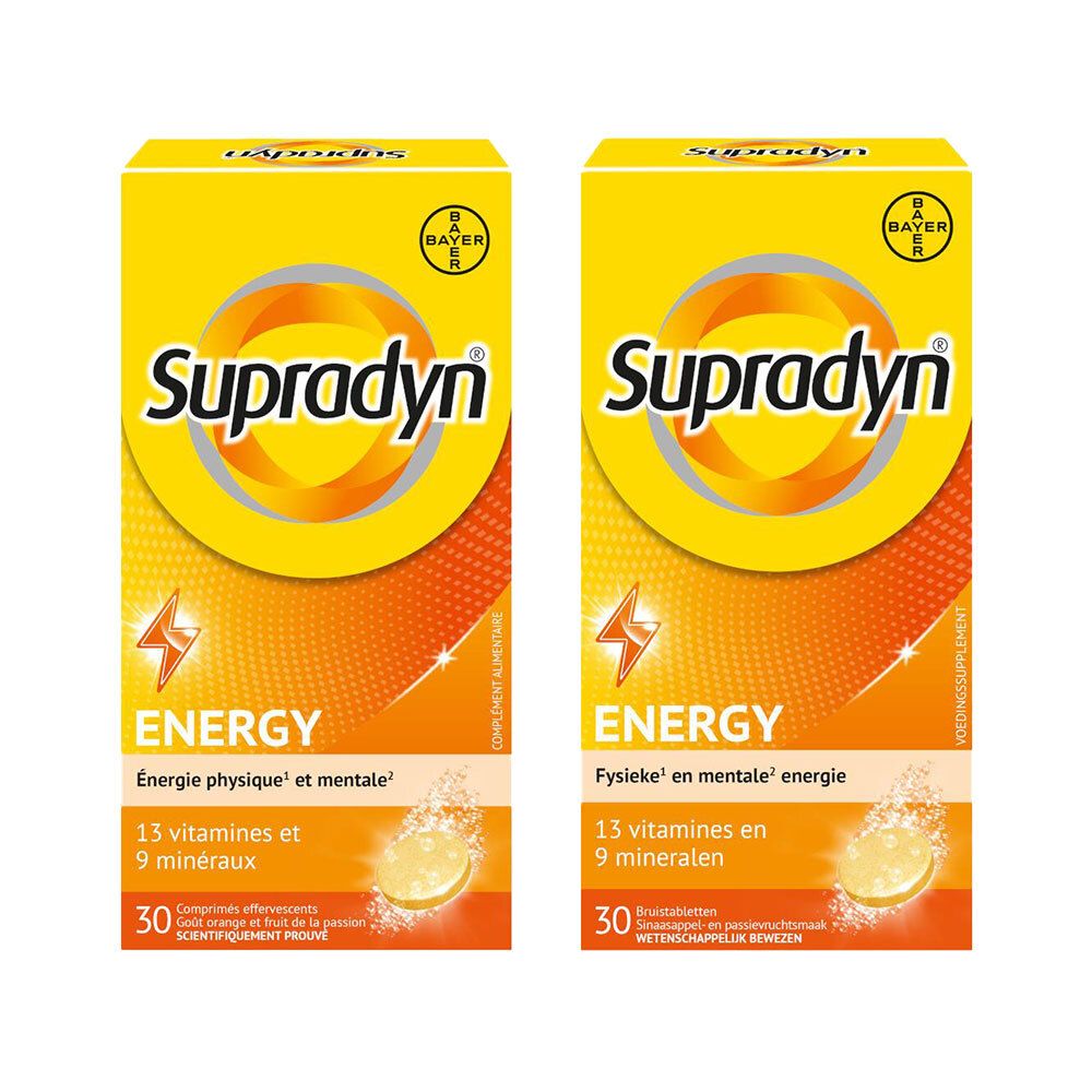 Deux boîtes de Supradyn Energy. Jaune et orange, avec nom et informations. 30 comprimés effervescents.