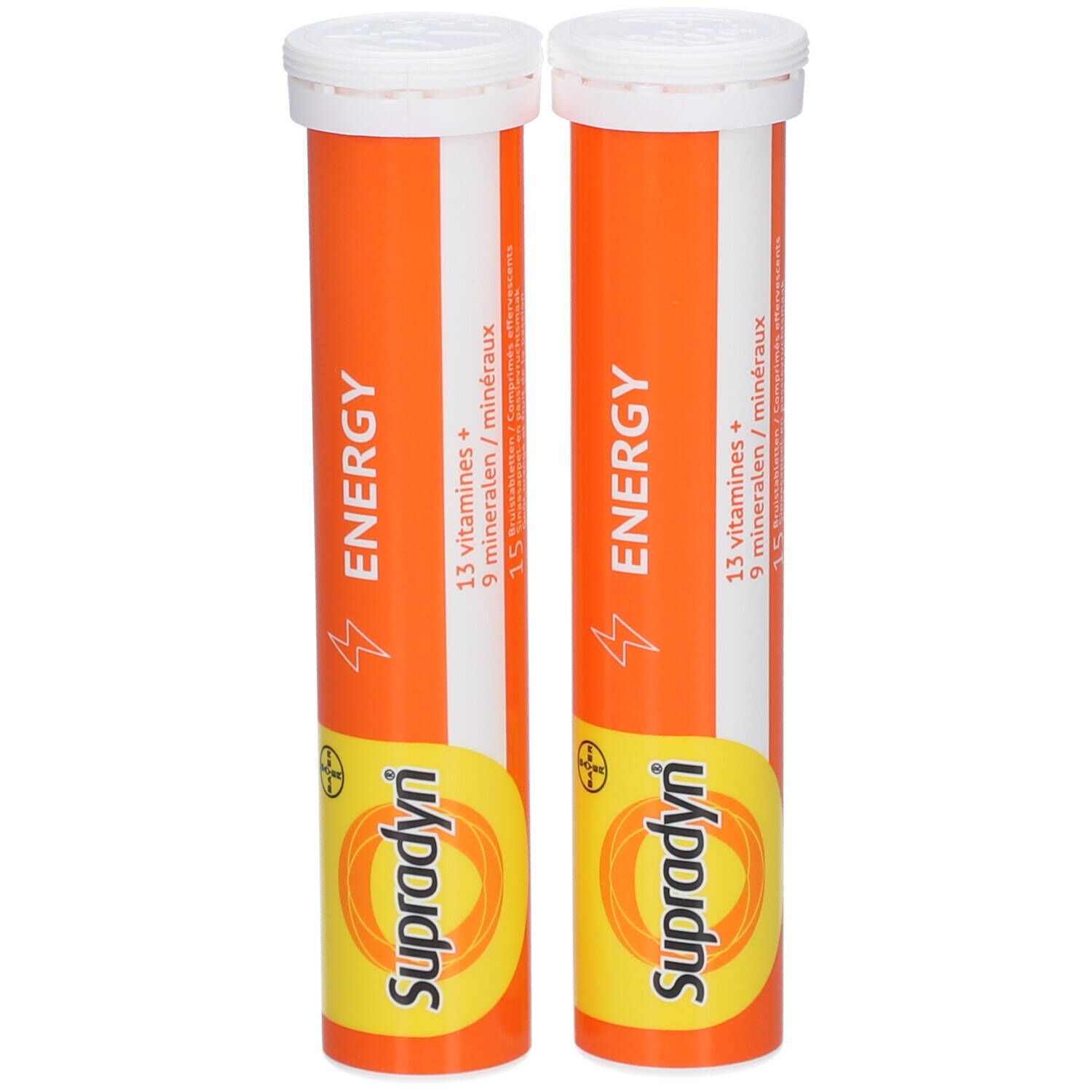 Deux tubes de Supradyn Energy. Orange avec couvercle blanc. Nom et informations visibles.