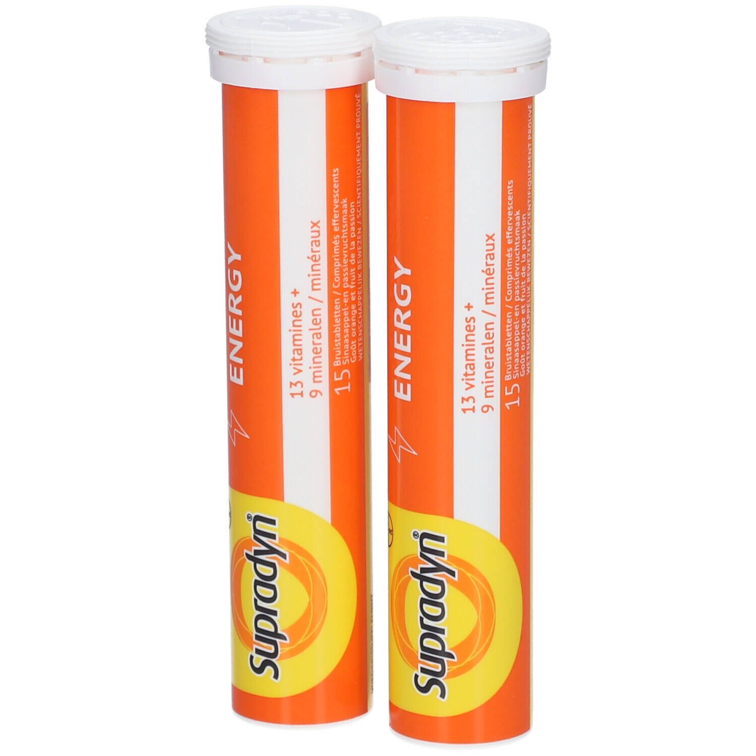 Deux tubes de Supradyn Energy. Orange avec couvercle blanc. Nom et informations visibles.
