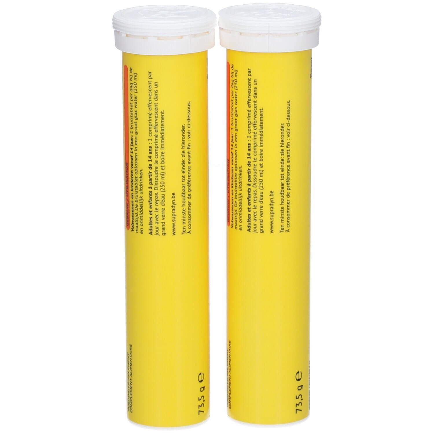 Deux tubes de Supradyn Energy. Jaune avec couvercle blanc. Nom et informations visibles.
