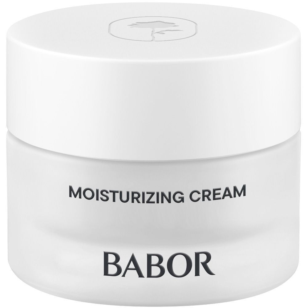 Pot de crème avec couvercle. Inscription MOISTURIZING CREAM et BABOR. Pot blanc.