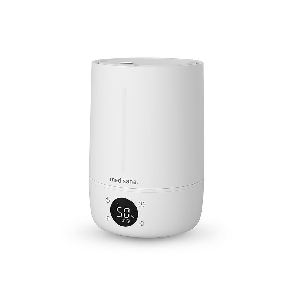 Humidificateur blanc avec affichage numérique. Marque : medisana. Avec boutons et hygromètre.