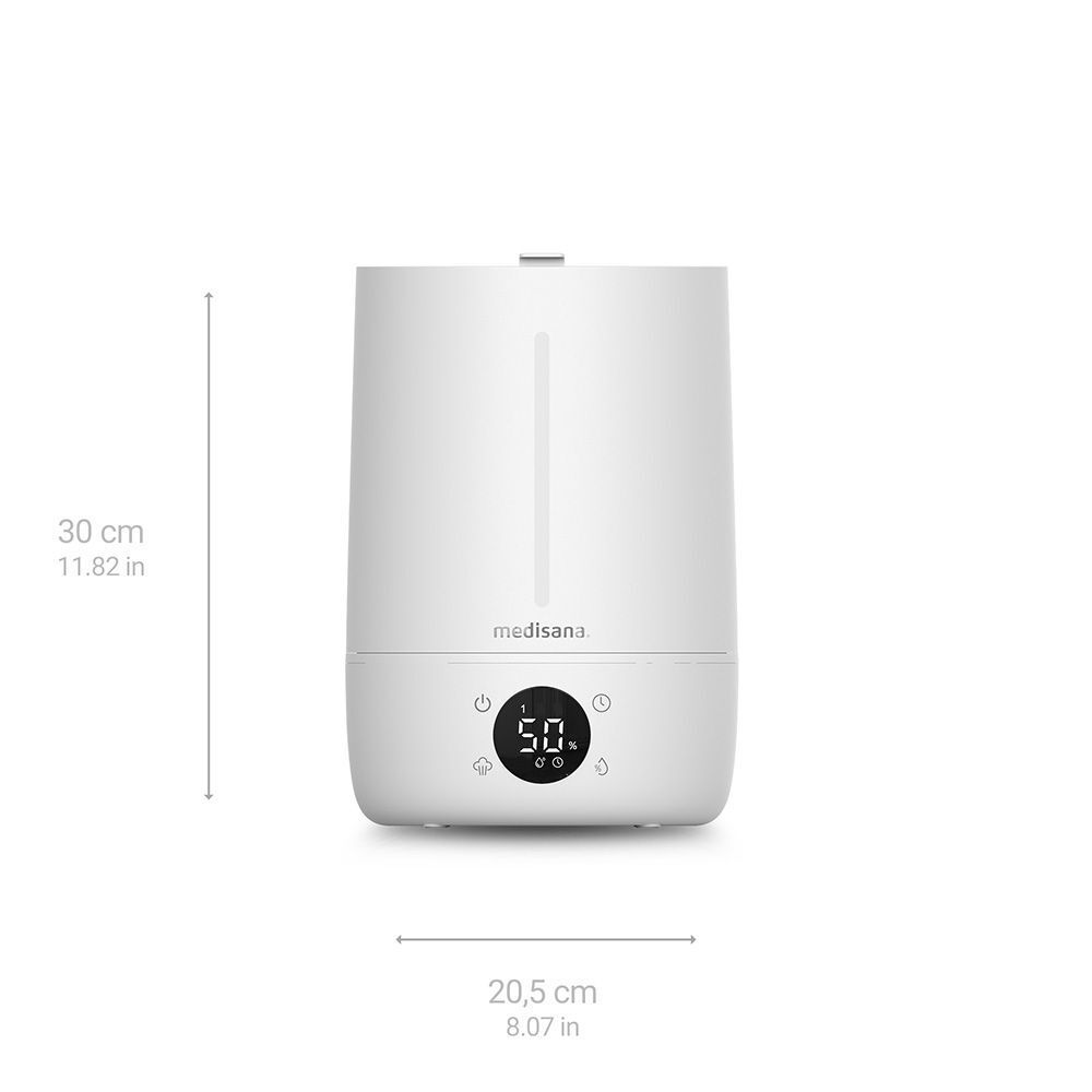 Humidificateur blanc avec affichage numérique. Dimensions : 30 cm de haut, 20,5 cm de large. Marque : medisana.