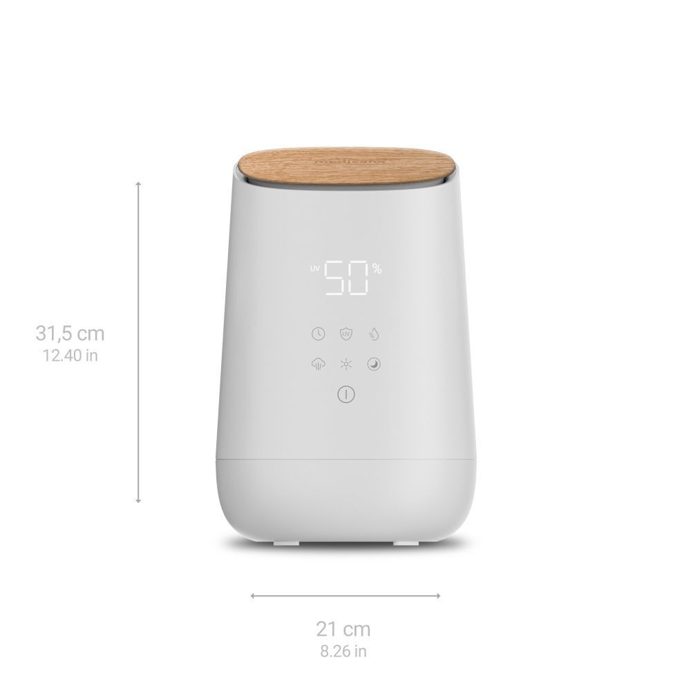 Humidificateur avec couvercle en bois. Dimensions : 31,5 cm de haut, 21 cm de large. Marque : medisana.