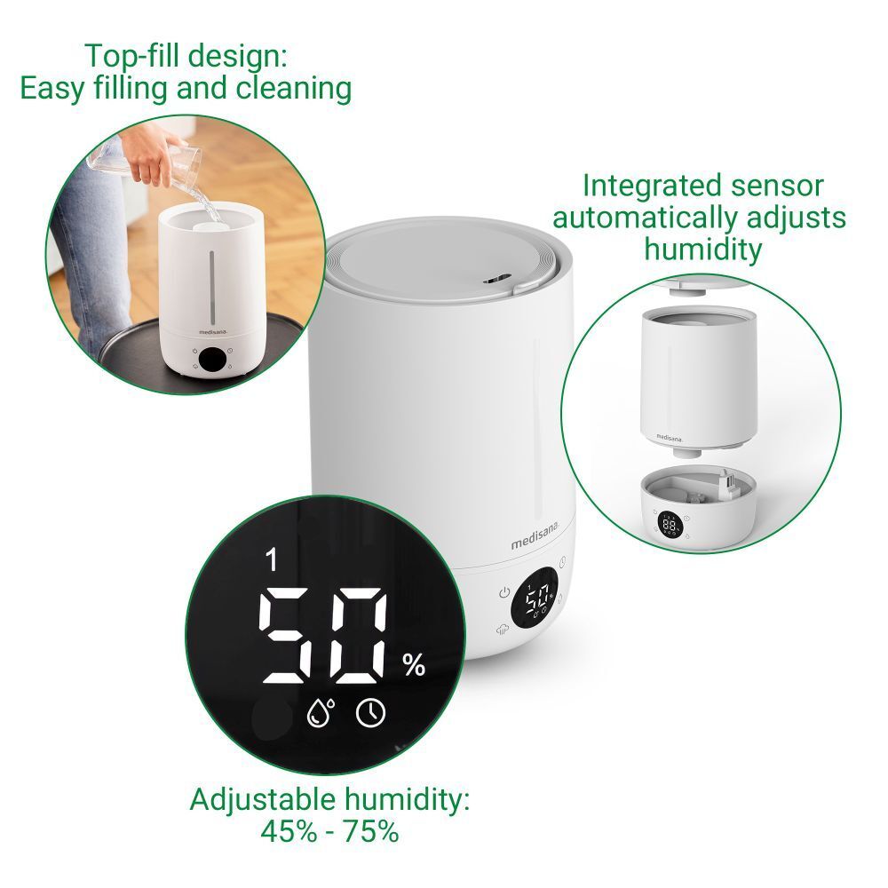 Humidificateur blanc avec affichage numérique. Fonctions : remplissage par le haut, humidité réglable, capteur. Marque : medisana.
