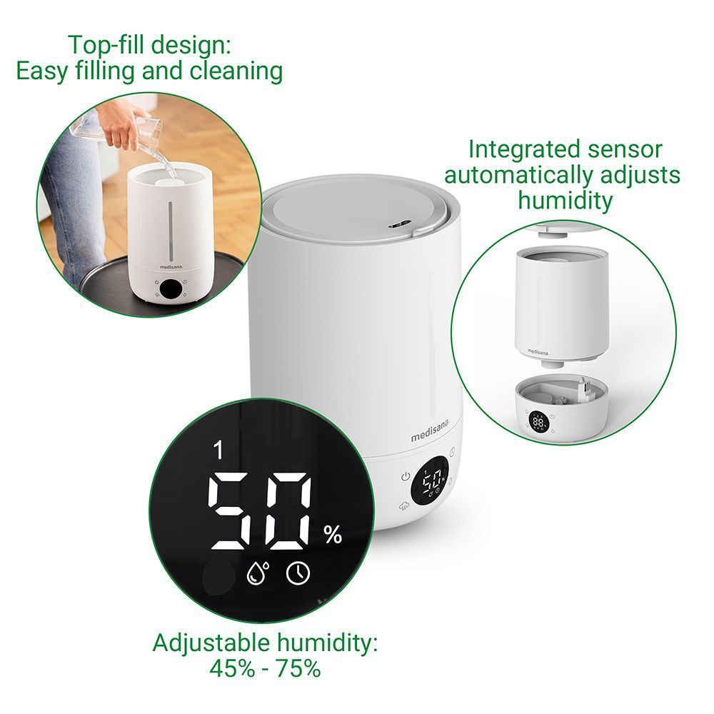 Humidificateur blanc avec affichage numérique. Fonctions : remplissage par le haut, humidité réglable, capteur. Marque : medisana.