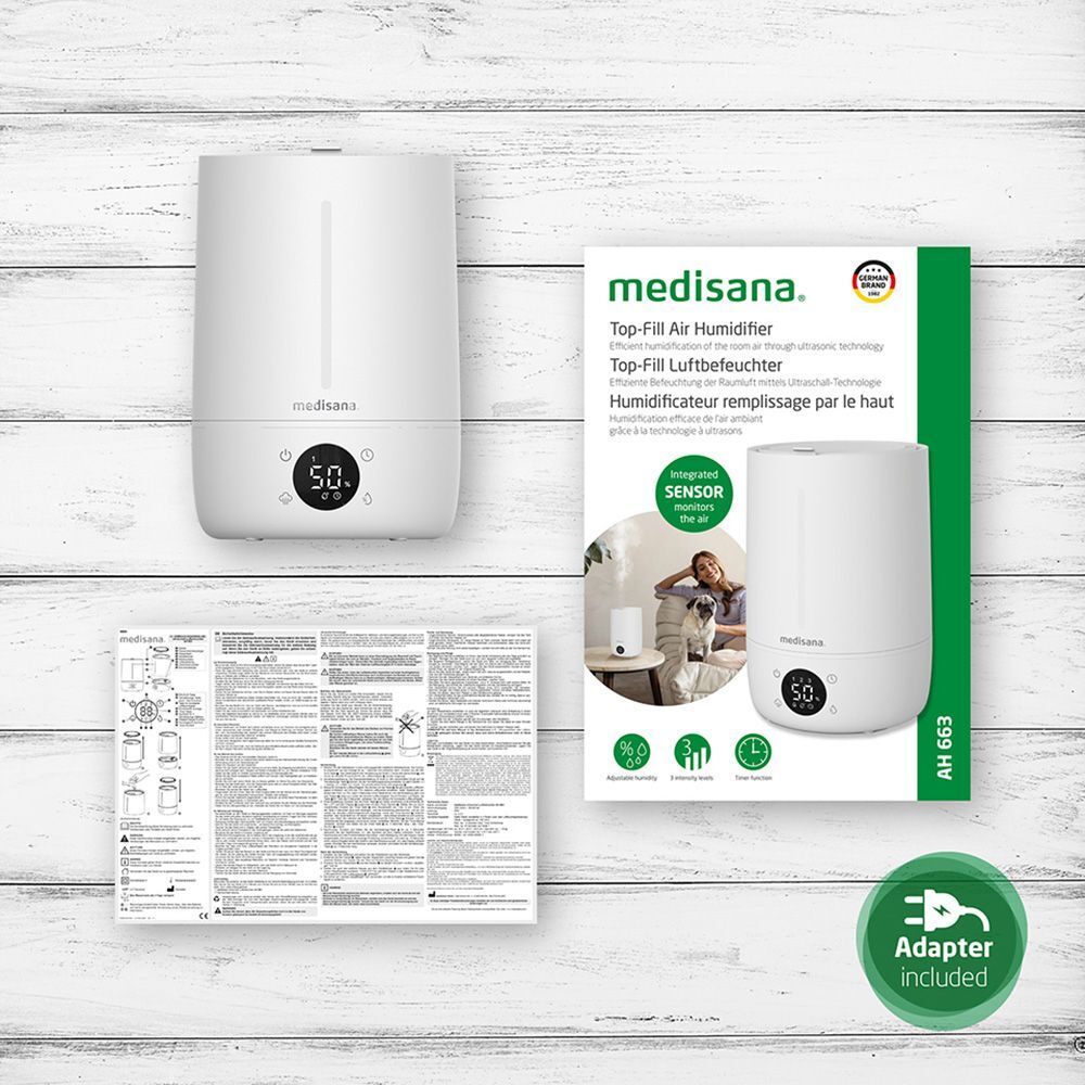 Humidificateur, emballage et accessoires. Marque : medisana. Adaptateur inclus. Mode d'emploi.