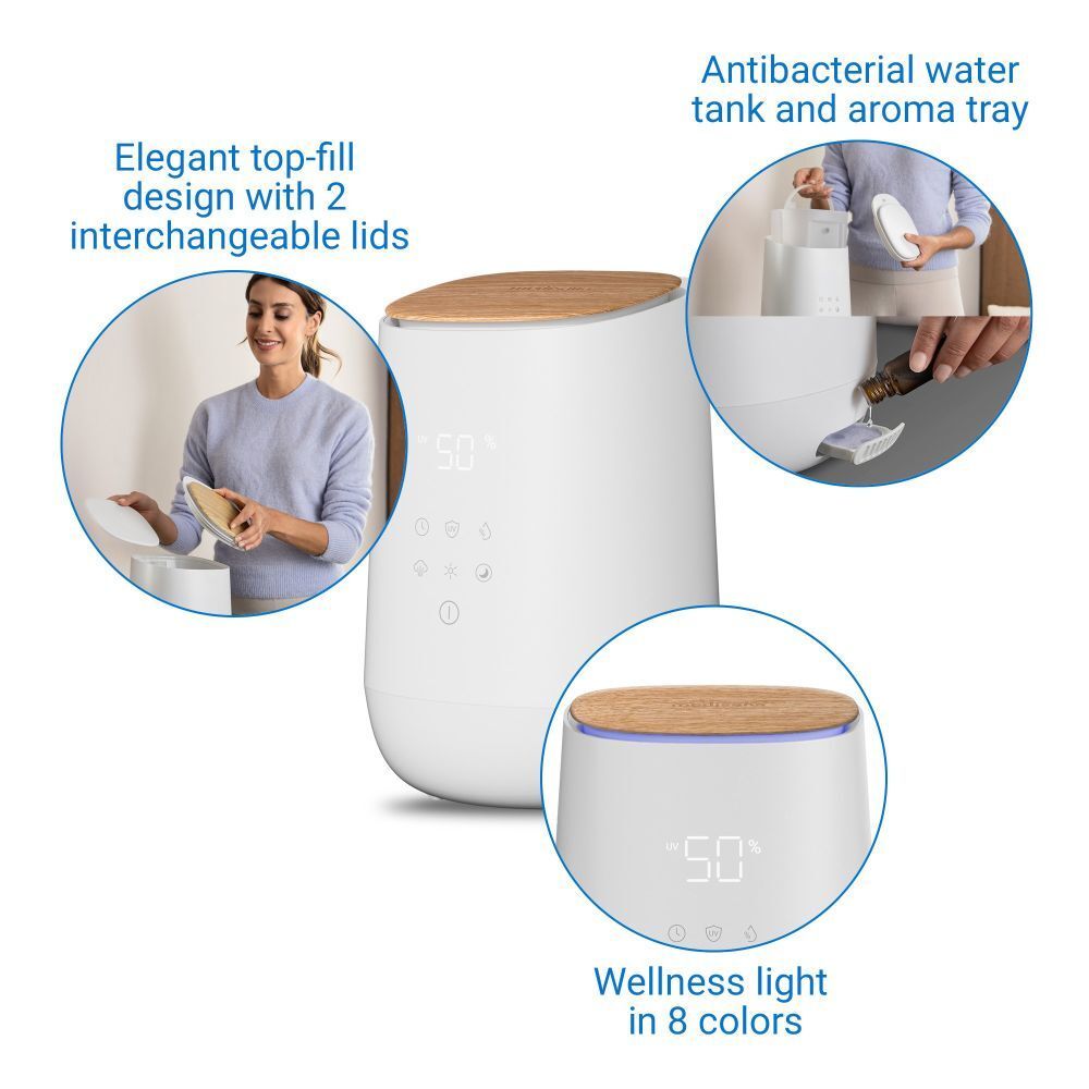 Humidificateur blanc avec couvercle en bois. Images supplémentaires montrent détails et accessoires.