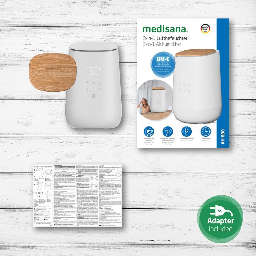 Emballage : humidificateur, couvercle en bois, manuel, adaptateur. Nom du produit : medisana AH 680.