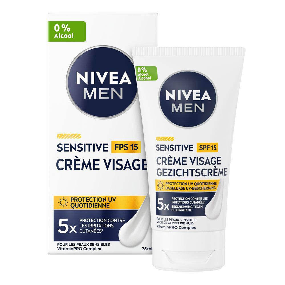 Boîte et tube blancs. NIVEA MEN Sensitive. Crème visage. 0% alcool. Protection UV quotidienne. 75 ml.