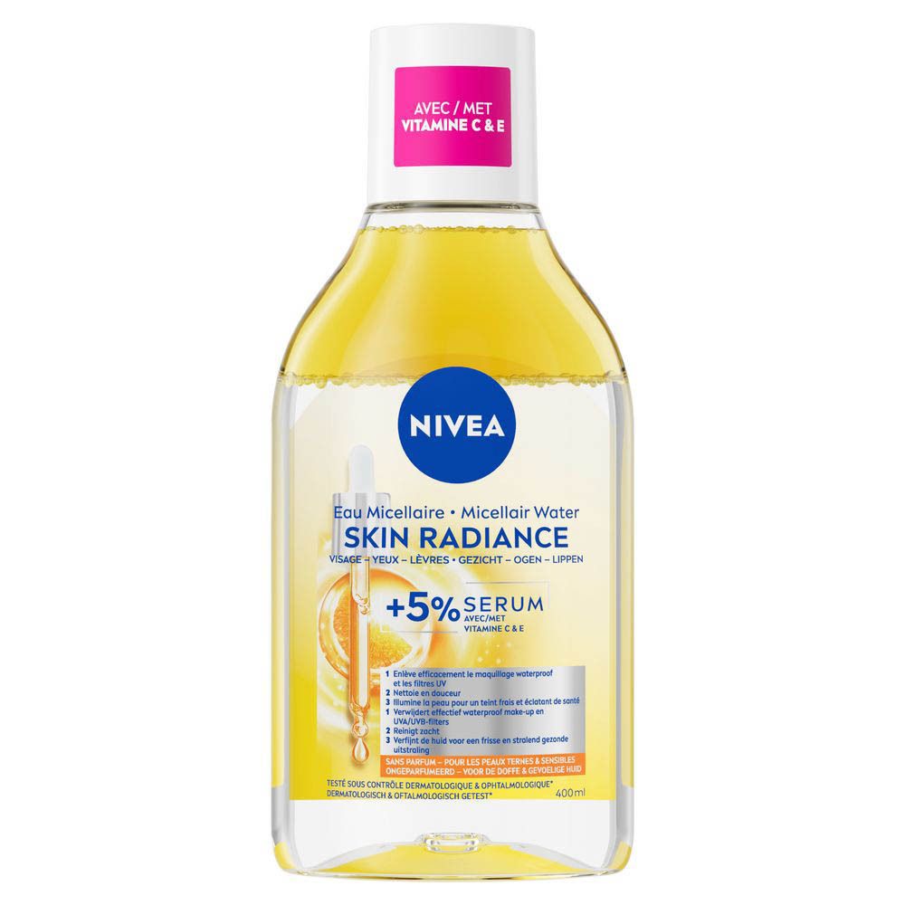 Nivea Skin Radiance Eau Micellaire avec sérum et Vitamine C&E. Liquide clair dans une bouteille transparente avec bouchon blanc.