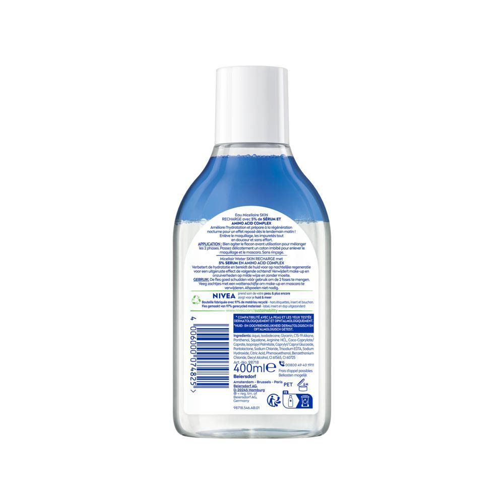 Dos de la bouteille Nivea Skin Recharge Eau Micellaire. Contient du texte et un code-barres. 400ml.