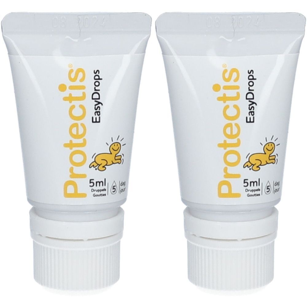Deux tubes de Protectis EasyDrops. Tubes blancs avec texte jaune et logo bébé.