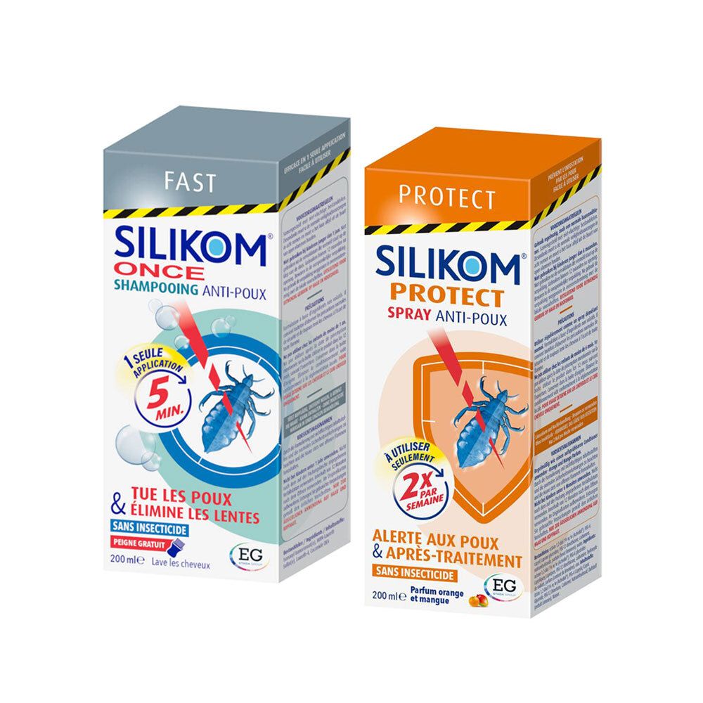 Deux boîtes Silikom. À gauche : Shampooing Anti-Poux, gris. À droite : Protect Spray Anti-Poux, orange. Les deux affichent le nom et le logo du produit.