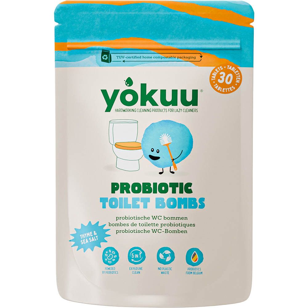 Sachet de YOKUU Probiotic Toilet Bombs. 3-en-1. Thym et Sel marin. 30 tablettes. Emballage compostable.