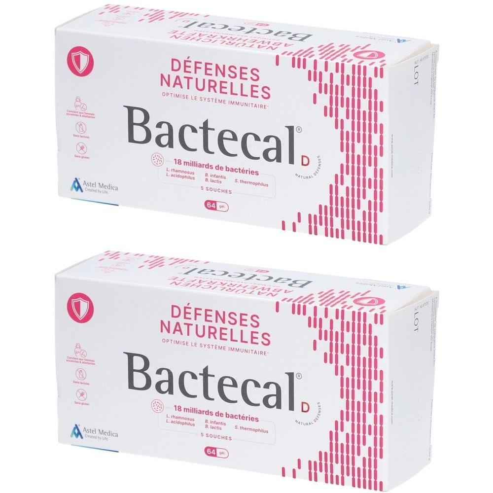 Deux boîtes blanches avec accents roses. Inscription: Bactecal D, Défenses Naturelles. 18 milliards de bactéries.