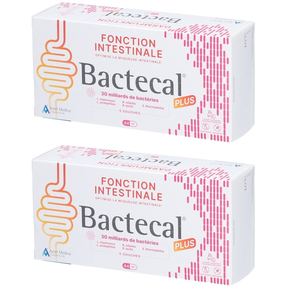 Deux boîtes blanches Bactecal Plus. Texte: Fonction Intestinale, 30 milliards de bactéries, 5 sachets. Logo d'un intestin stylisé.