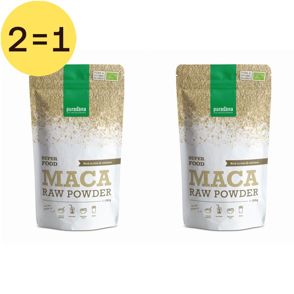 Deux sachets de poudre de Maca, Superfood, poudre crue. Inscription: 2=1. Label bio.