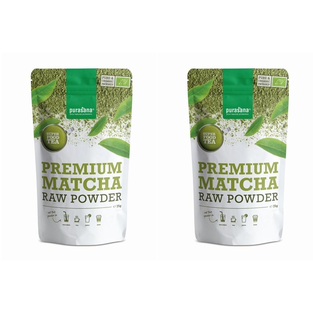 Deux sachets de poudre de matcha Purasana Premium. Emballage vert avec feuilles et logo. Certification bio.