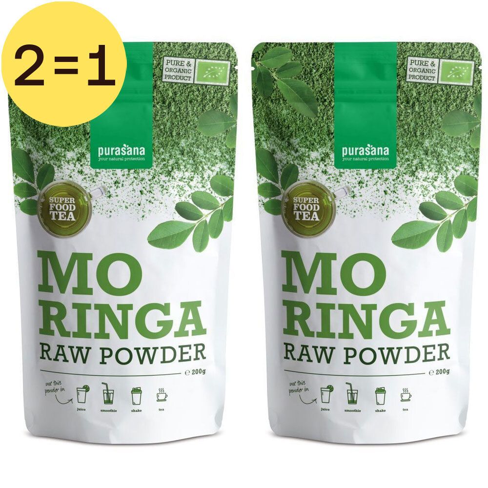 Deux sachets de poudre de Moringa Purasana. Inscription : Moringa Raw Powder, label bio, 2=1. Emballage vert et blanc.